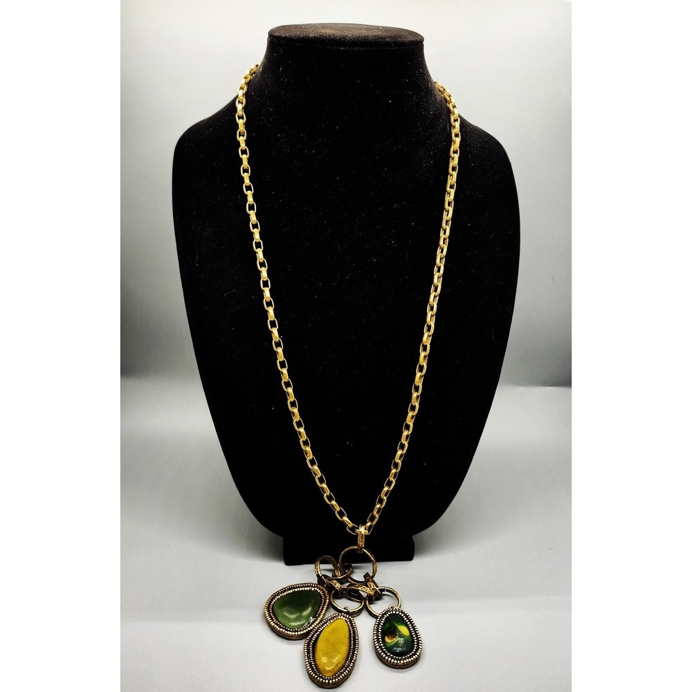 Chico's Long Statement Necklace Multi-Stone Charm Pendant Gold Tone Green Teal